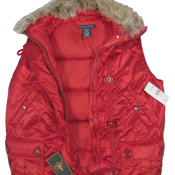 NEW $498 Beautiful Polo Ralph Lauren Puffer Vest!  Red With Real Fur Collar Trim - Picture 4 of 4